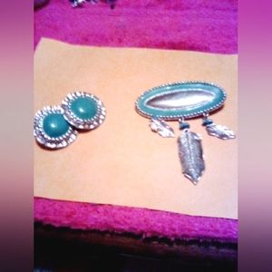 Silver and Turquoise Pin with Matching Earrings